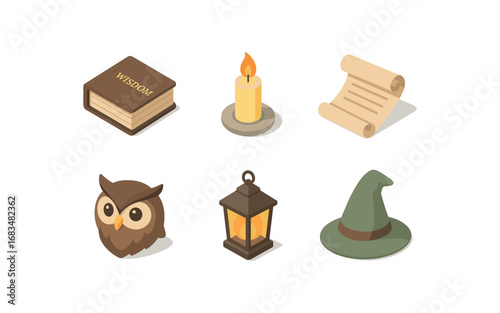 isometric icon items isolated on white background wisdom book candle flame scroll paper owl head lantern light sage hat