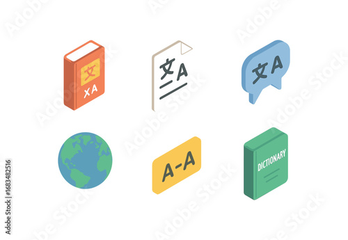 isometric icon items isolated on white background translation book language page speech bubble globe phrase line dictionary . isometric icon items isolated on white background translator