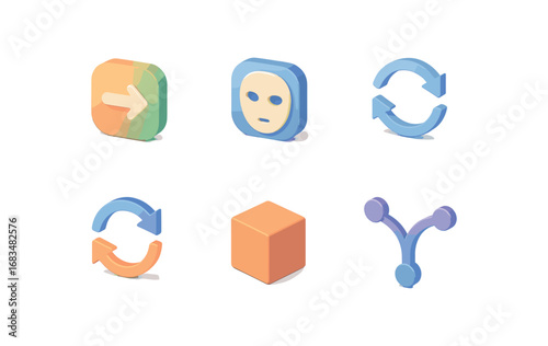 isometric icon items isolated on white background morph icon change flow mask face cycle loop cube rotate flux path