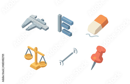 isometric icon items isolated on white background calibrate tool align bar correction balance scale ratio line tweak pin