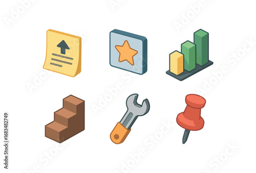 isometric icon items isolated on white background upgrade note enhance icon improved bar project step better tool fix pin