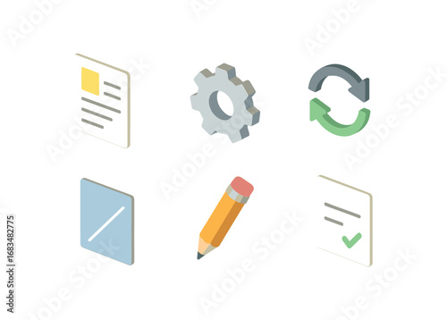 isometric icon items isolated on white background modification version note gear wheel change draft line edit tool
