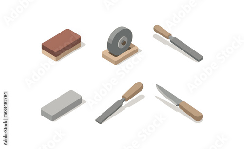isometric icon items isolated on white background fine cut perfect edge sanding grind wheel clean file sharp tool