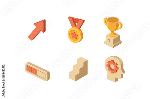 isometric icon items isolated on white background advancement arrow medal badge trophy stand level bar upward step skill