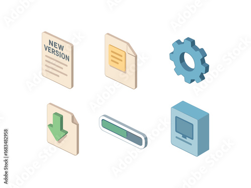 isometric icon items isolated on white background new version patch note system gear install file upgrade bar software
