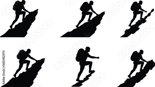 Silhouette of a hiker climbing steep mountain rocks with backpack, outdoor adventure, trekking, hiking, extreme sports, nature explorationn