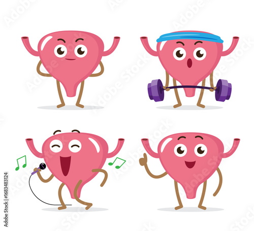 Healthy urinary bladder cartoon characters collection on isolated white background . Vector .