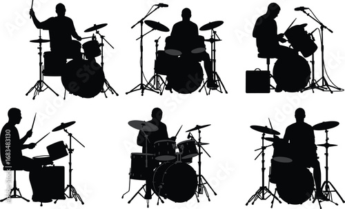 Silhouette of Drummers Playing Drum Sets on Stage with Microphones, Music Band Performance Illustration, Isolated Vector Art for Design
