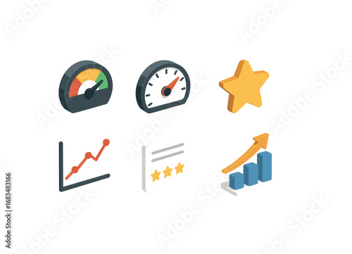 isometric icon items isolated on white background performance meter speed gauge chart line rating score card bar arrow