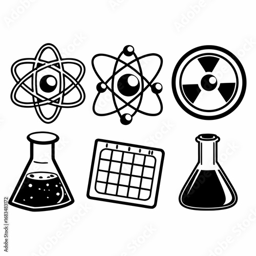 Illustration of scientific icons including atoms, radiation symbol, flasks, and calendar