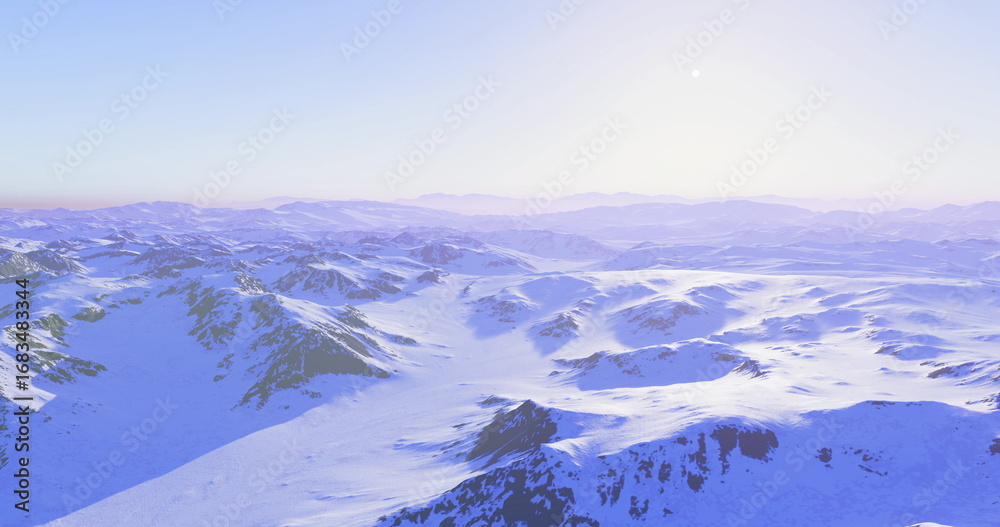 Fototapeta premium Vast snow covered mountains stretch across the horizon, illuminated by the soft glow of dawn. The landscape is tranquil, reflecting winters serene beauty.