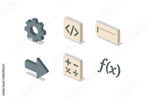 isometric icon items isolated on white background function gear code input line output arrow math sign formula