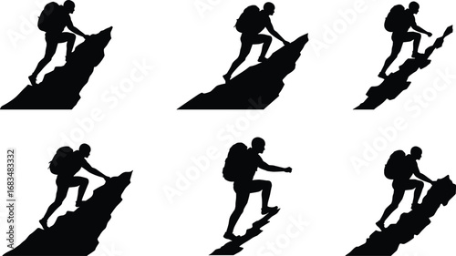 Silhouette of Male Hiker Climbing Steep Mountain with Backpack, Adventure Outdoor Concept for Hiking, Trekking, Mountaineering and Wilderness Challenge