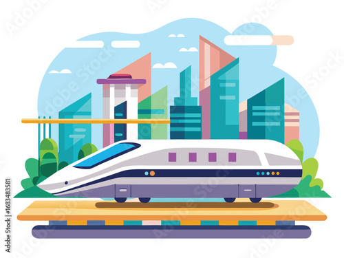 Sleek white high-speed bullet train arriving in a modern cityscape with blue skies