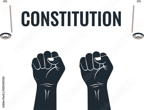 Illustration of the word constitution on a scroll with two raised fists