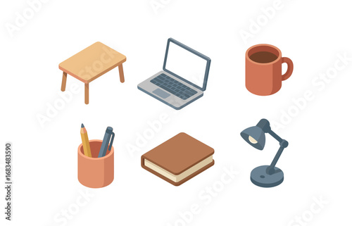 isometric icon items isolated on white background desk table laptop top coffee mug pen holder notebook pad office lamp