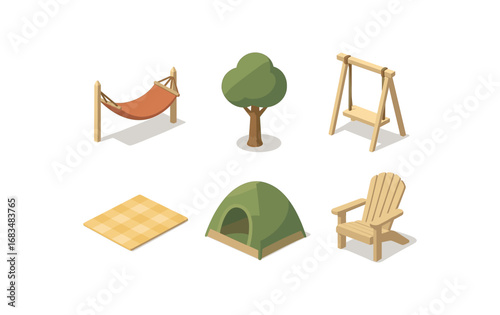 isometric icon items isolated on white background garden hammock forest tree swing rope blanket mat camp rest breeze