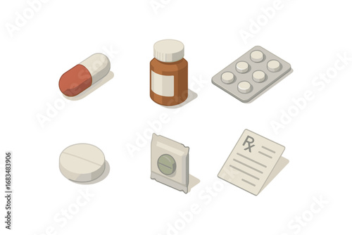 isometric icon items isolated on white background pill capsule pill bottle med blister tablet round dose pack prescription slip
