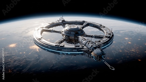 Fototapeta Naklejka Na Ścianę i Meble -  Futuristic Orbital Space Station above Earth Horizon