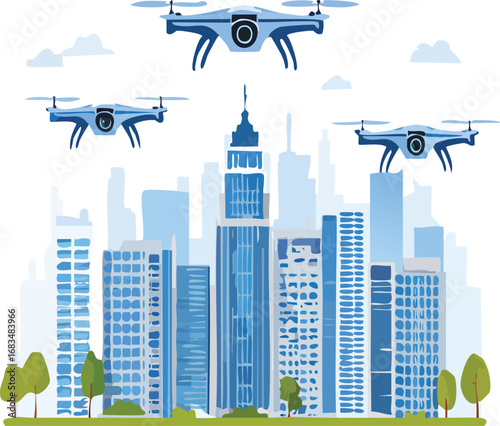 Smart city skyline with AI-driven drones