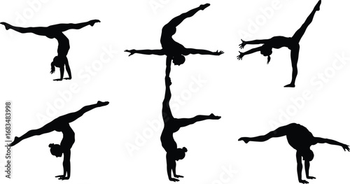Silhouette of Women Performing Handstand and Gymnastics Poses, Acrobatics and Balance Poses for Fitness, Yoga, Acrobat, or Sports Design