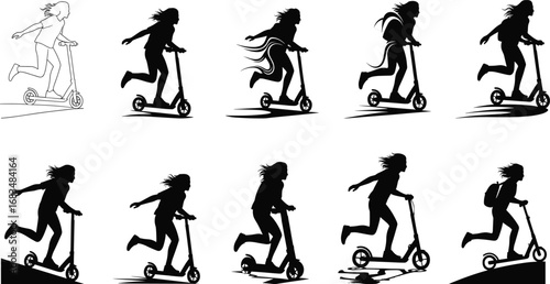 Silhouette sequence of person riding kick scooter in various dynamic poses, urban commute, motion study, active lifestyle vector illustration