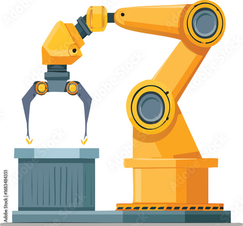 Flat design robot arm assembling parts in factory
