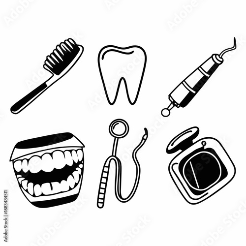Dental equipment and tools for oral hygiene in a hand drawn style