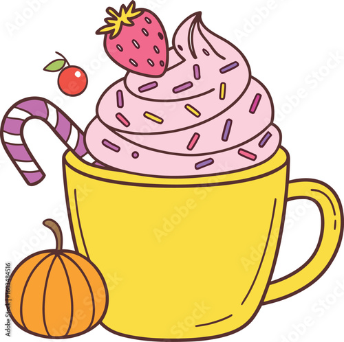 Vector art of a whimsical illustration of a festive hot chocolate with whipped cream, strawberry, candy cane, and pumpkin