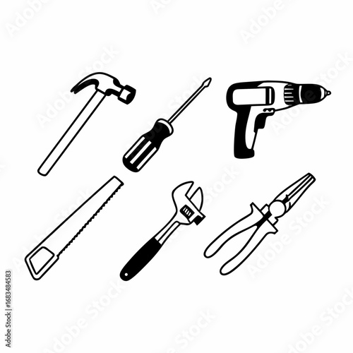 Hand drawn illustration of various construction and repair tools for design