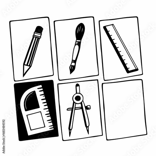 Hand drawn illustration of drawing and drafting tools on cards for design