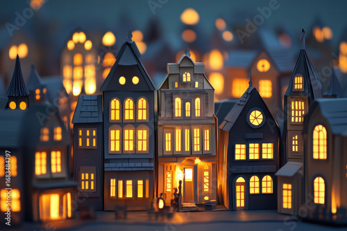 A small town with houses lit up at night