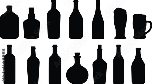 Silhouette set of various drink bottles, mugs, and glasses in black isolated vector style for bar, pub, and kitchen design.