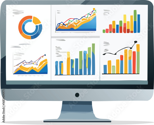 AI data analysis with computer screen full of graphs
