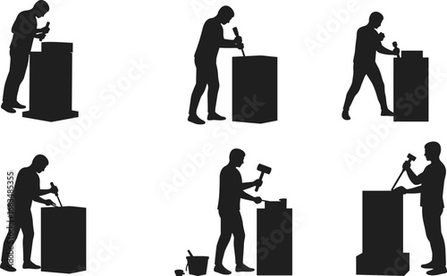 Silhouette Vector Set of Sculptors Carving Stone with Chisels and Hammers in Various Poses, Artistic Craft Work Scene Illustration