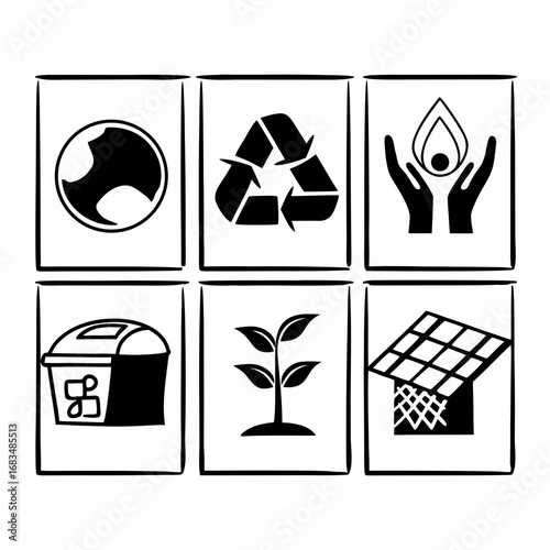 Illustration of environmental icons including globe, recycle symbol, water, plant and solar panel