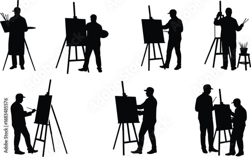 Silhouettes of Artists Painting at Easels with Brushes and Canvases in Studio – Creative People Engaged in Art Activities