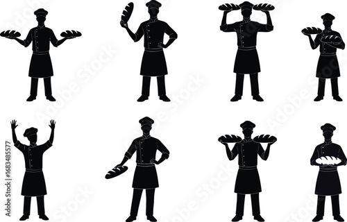 Silhouettes of bakers holding fresh bread in various poses, chef uniform, bakery staff, bread loaf, baking profession vector illustration