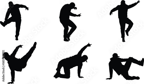 Silhouettes of breakdancers performing dynamic street dance moves, urban hip hop poses, freestyle choreography on white background, energetic motion illustration.