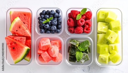 Fresh fruit and veggie ice cubes in containers