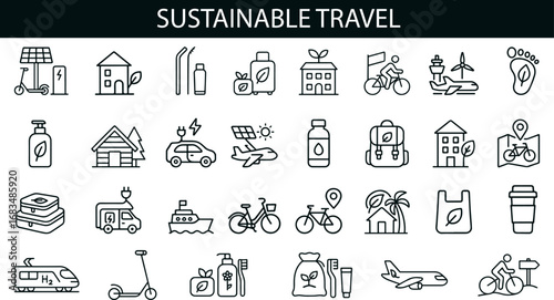Sustainable Travel Icon Set for Eco-Friendly Transport, Green Tourism, and Climate UI Design
