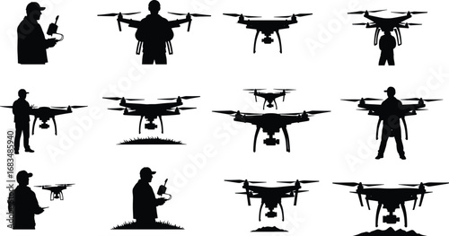 Silhouettes of drone pilots and flying drones with remote controllers, aerial technology, outdoor drone flying, and unmanned aerial vehicles.