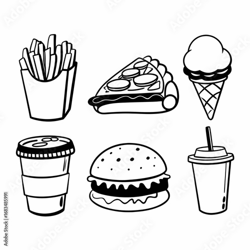Illustration of fast food items including pizza, french fries, ice cream, soda, and burger