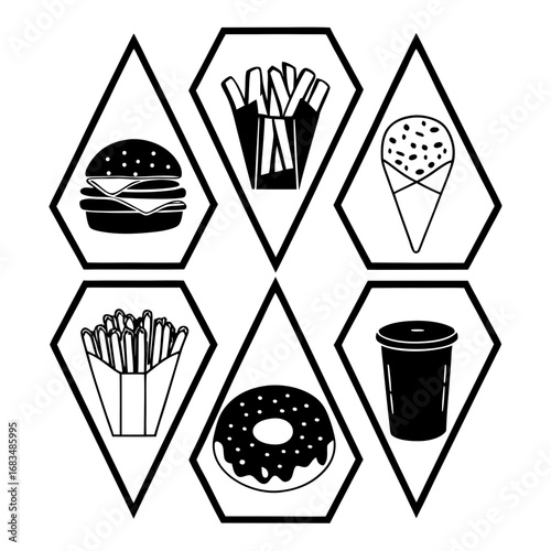 Illustration of fast food items in diamond shapes including burger, french fries, ice cream, and donut