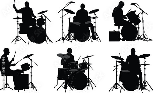Silhouettes of Drummers Playing Drum Kits in Concert and Studio Settings – Musician Vector Illustration for Music and Band Themes