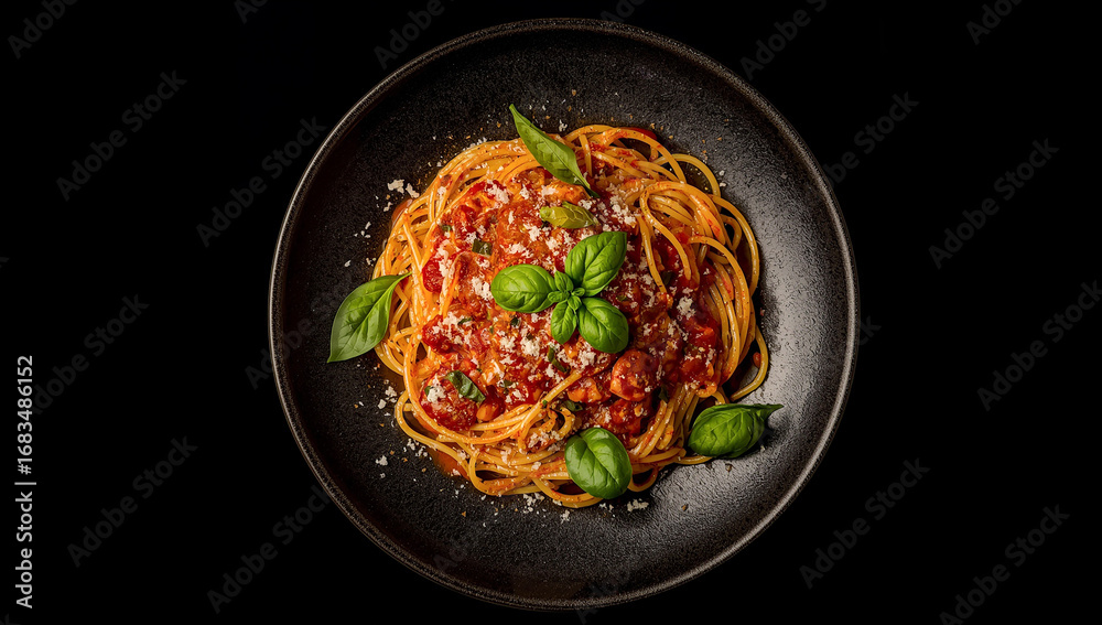 Fototapeta premium Delicious Italian Spaghetti Pasta with Tomato Sauce Parmesan Cheese and Fresh Basil Served on Black Plate Authentic Traditional Mediterranean Cuisine Gourmet Dinner Food Photography Concept