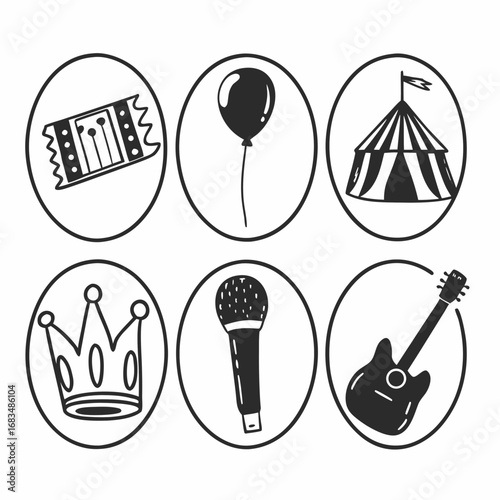 Collection of party and entertainment icons in oval shapes