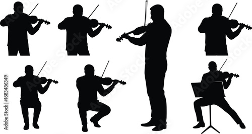 Silhouettes of Male Violinists Playing Music in Various Poses Standing Sitting Performing Classical Strings Concert Art Illustration