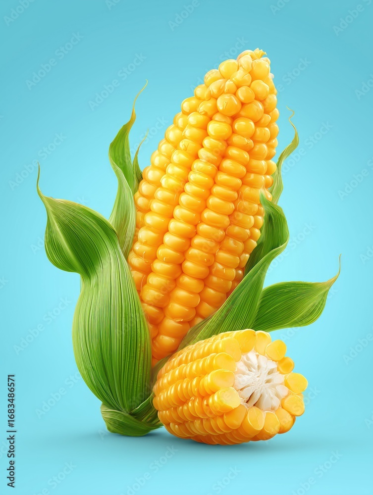 Obraz premium Vibrant Fresh Corn with Green Leaves on Blue Background