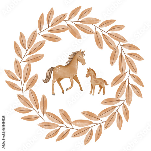 Round watercolor frame decorated with leaves and a cute horse in a hand-painted style. Ideal for greeting cards, invitations, children’s designs, packaging, and farm-themed projects.